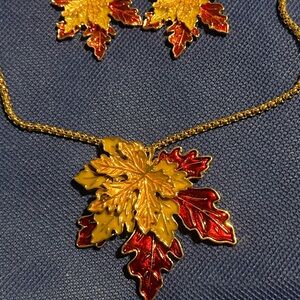 Gold and Red Leaf Pendant Necklace and Earring Set
